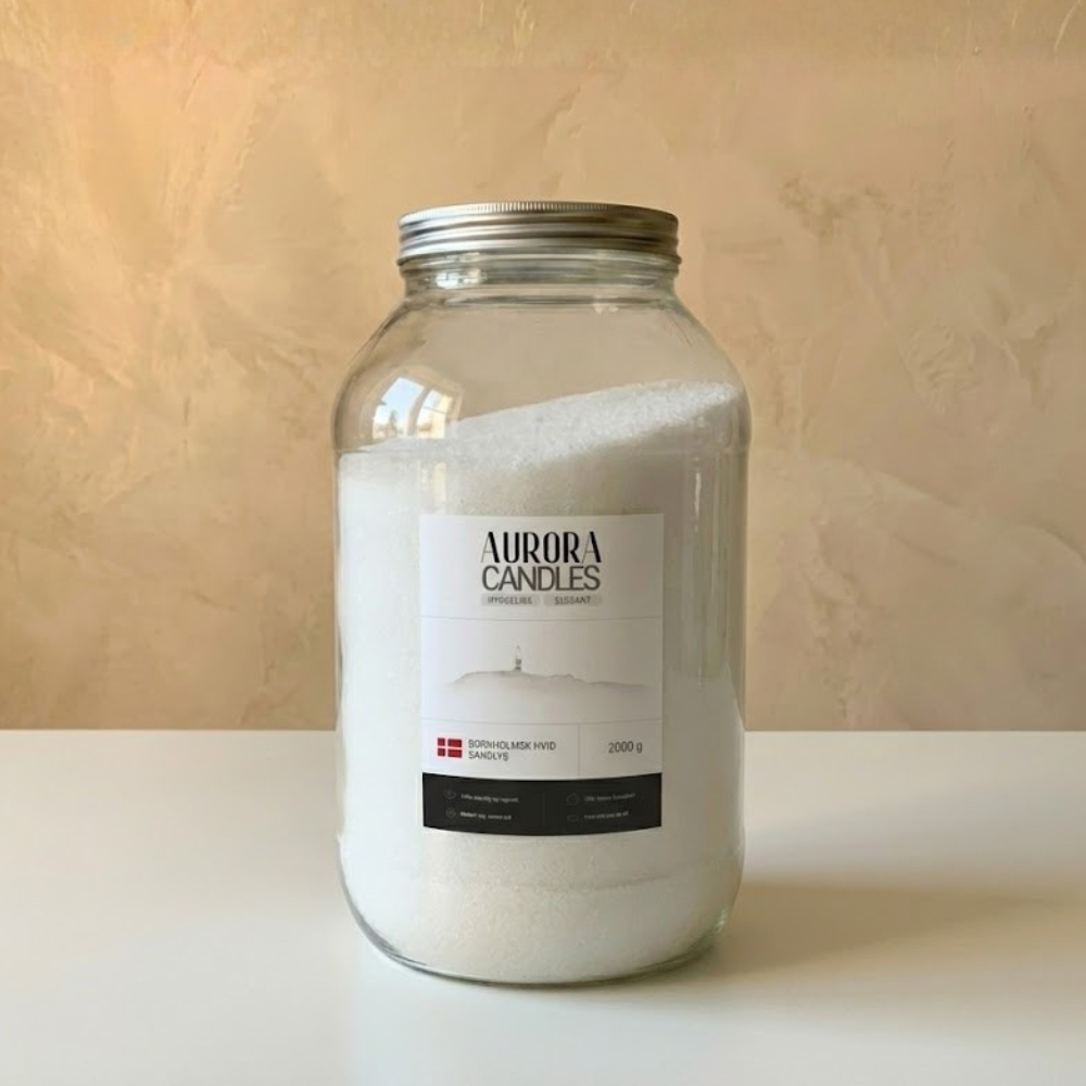 Aurora Candle 2000 g hvidt sandlys i stor glasbeholder med låg – perfekt til genopfyldelige stearinlys