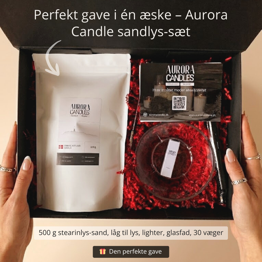 Gaveæske med 500 g stearinlys-sand, 30 væger, glasfad og lighter fra Aurora Candles