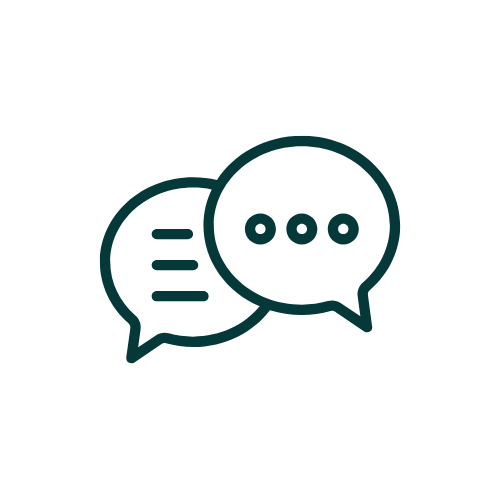 Ikon med to talebobler med en streg og prikker på hvid baggrund