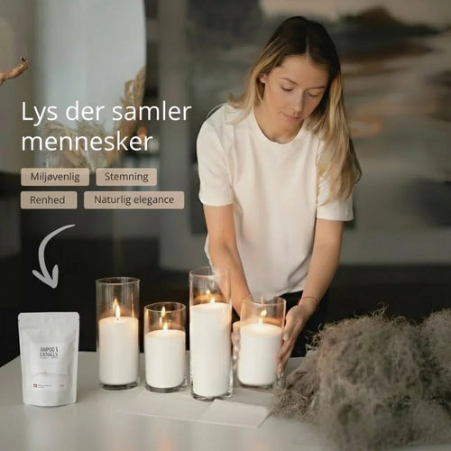Kvinde, der arrangerer stearinlys på et bord med tekst om stearinlys på dansk.