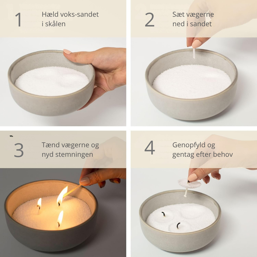 Trin-for-trin guide til brug af Aurora-stearinlys med tekstinstruktioner.